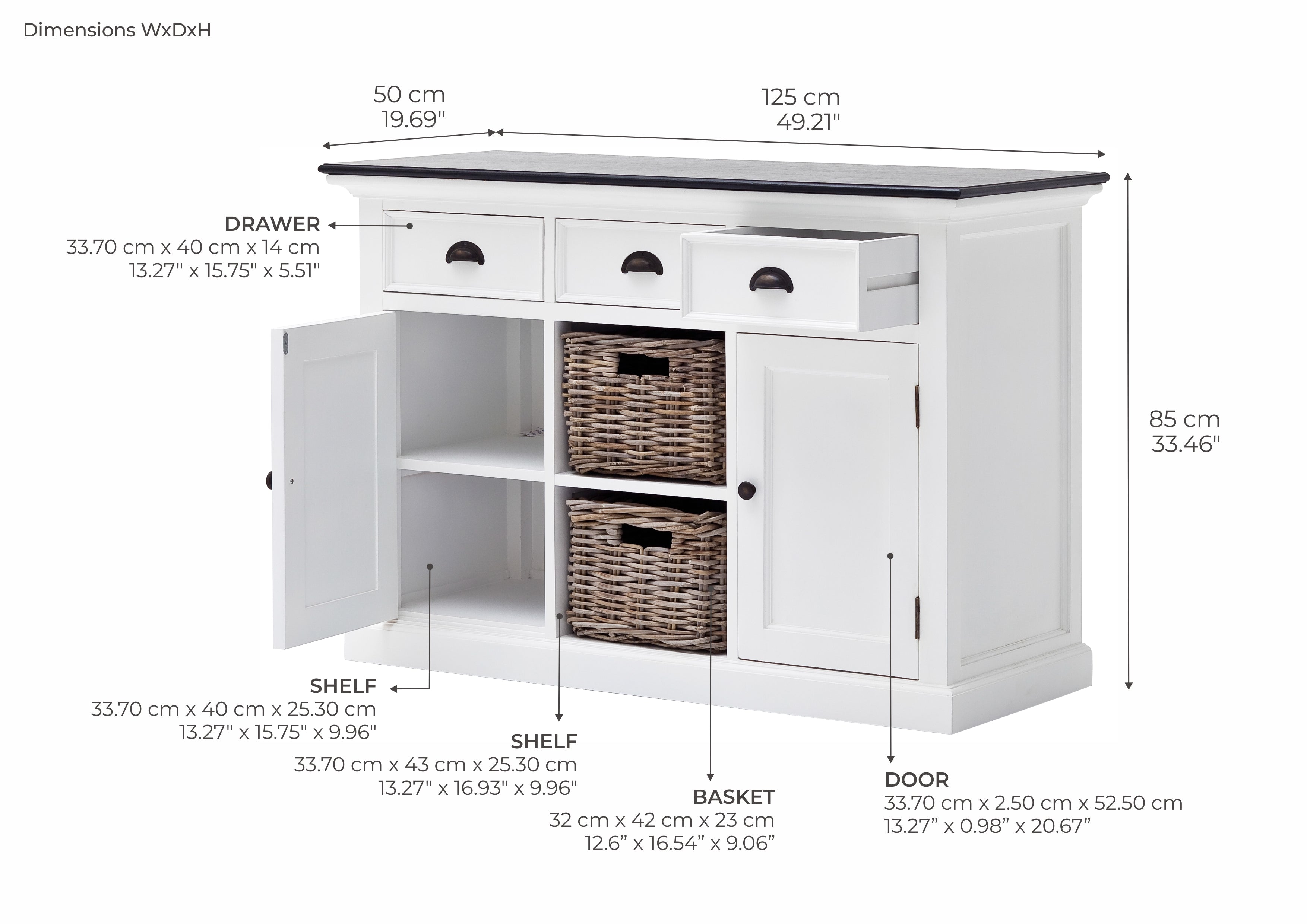 Halifax Contrast Farmhouse White & Black Buffet with 2 Baskets