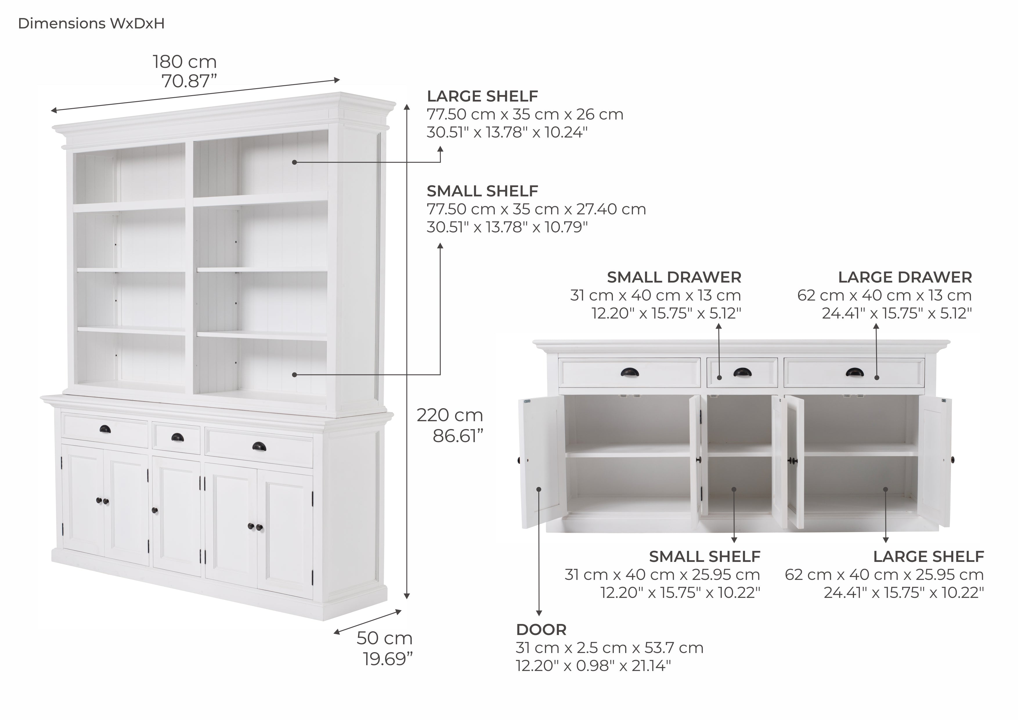 Halifax Coastal White Hutch Bookcase with 5 Doors 3 Drawers