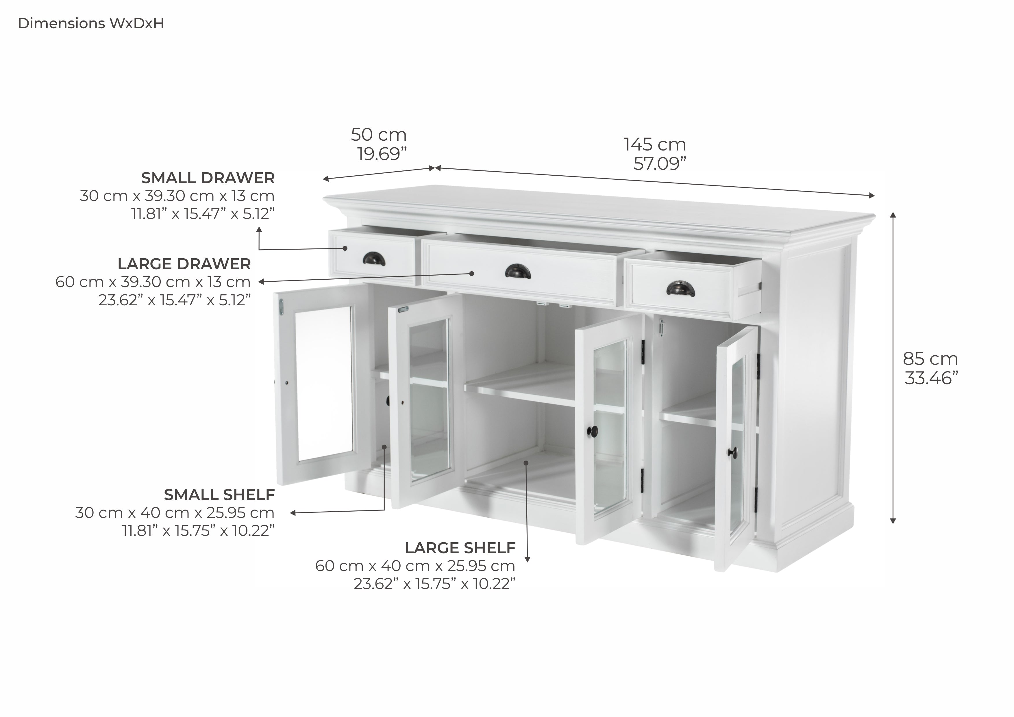 Halifax Coastal White Sideboard with 4 Glass Doors 3 Drawers 