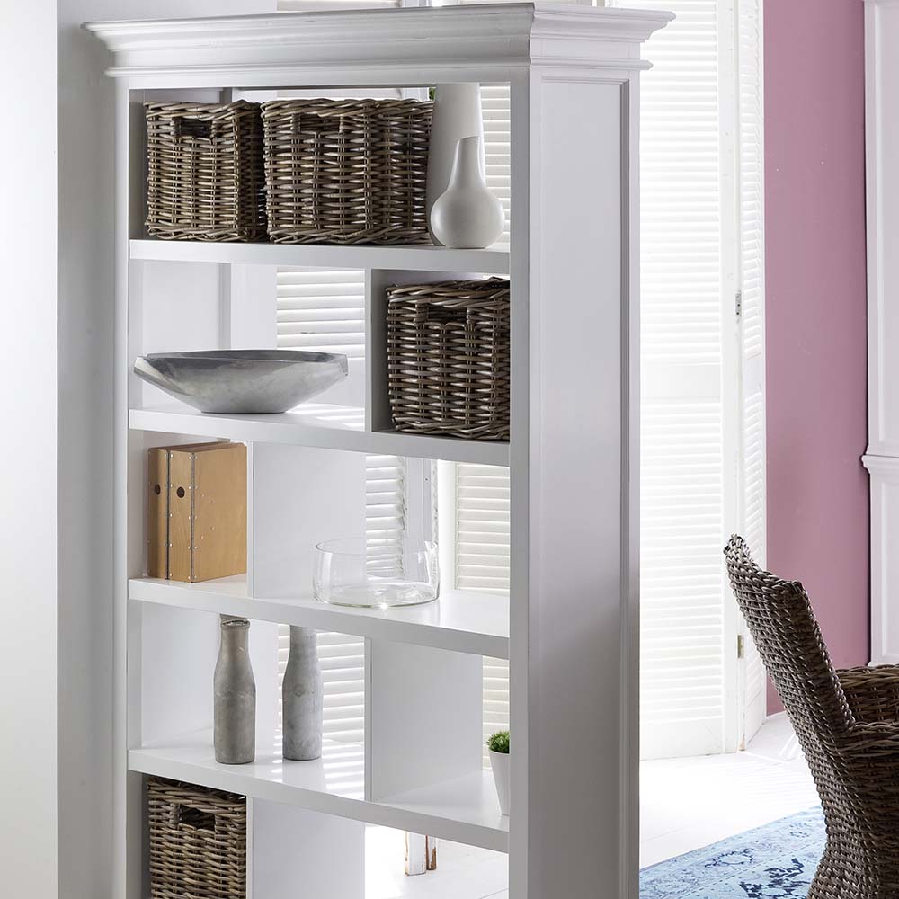 Halifax Coastal White Bookcase with Basket Set